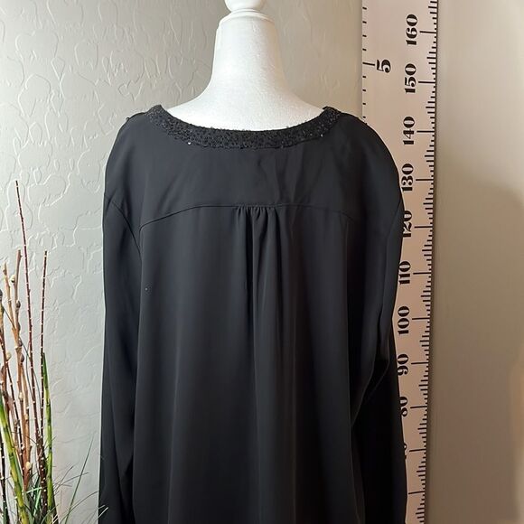 Ny Collection sheer black blouse embellished with sequins down center and V-neck - Picture 7 of 10